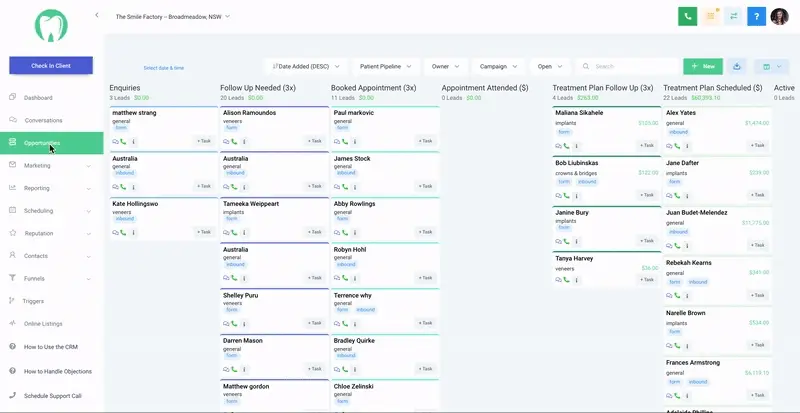 The CRM board with new patient enquiries in columns, from first enquiry to treatment plan