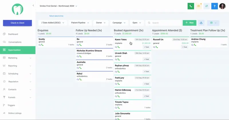 Dragging an enquiry to the next stage of the patient pipeline in the CRM